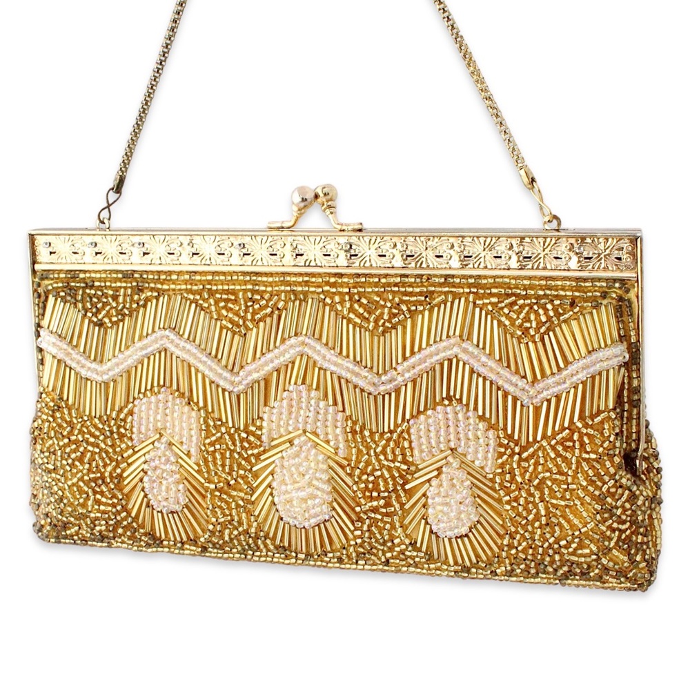 Vintage Beaded Evening Bag Gold and Aurora Borealis Bead Clutch Purse